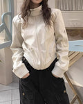 Cream Stand Collar Leather Jacket