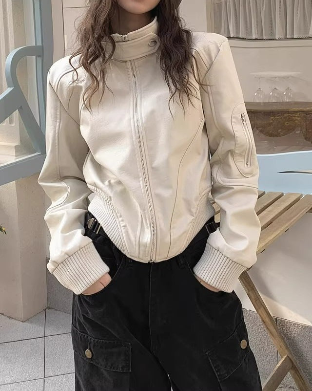 Cream Stand Collar Leather Jacket