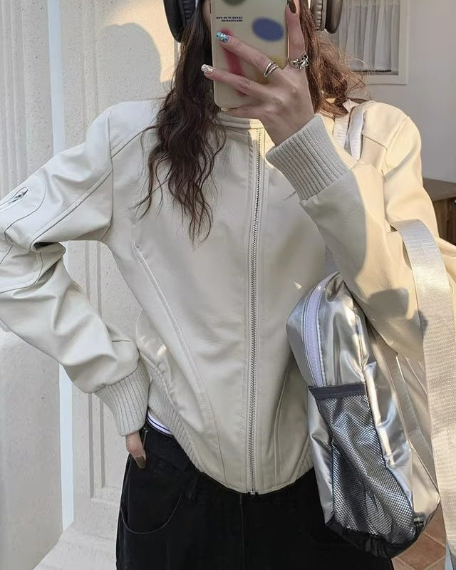 Cream Stand Collar Leather Jacket