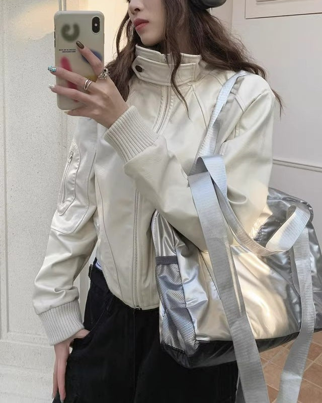 Cream Stand Collar Leather Jacket