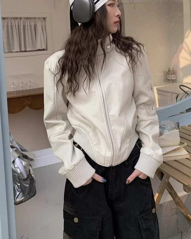 Cream Stand Collar Leather Jacket