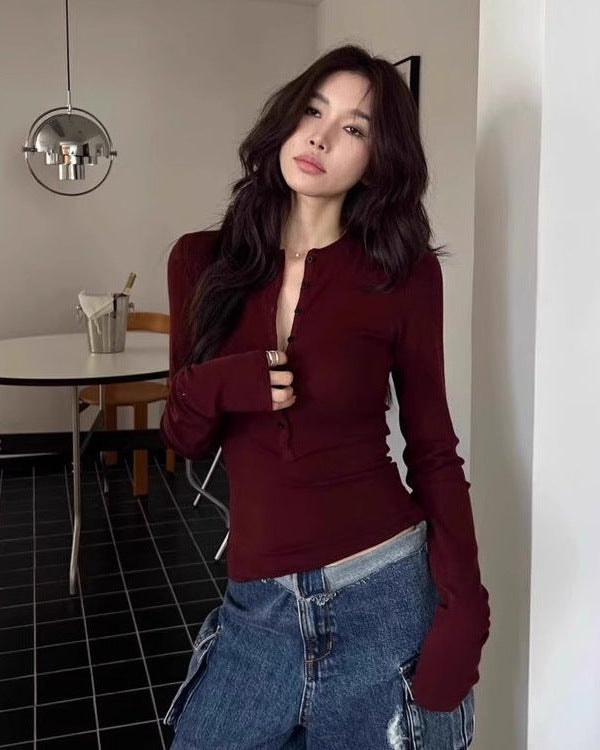 Ribbed Henley Long Sleeve Top