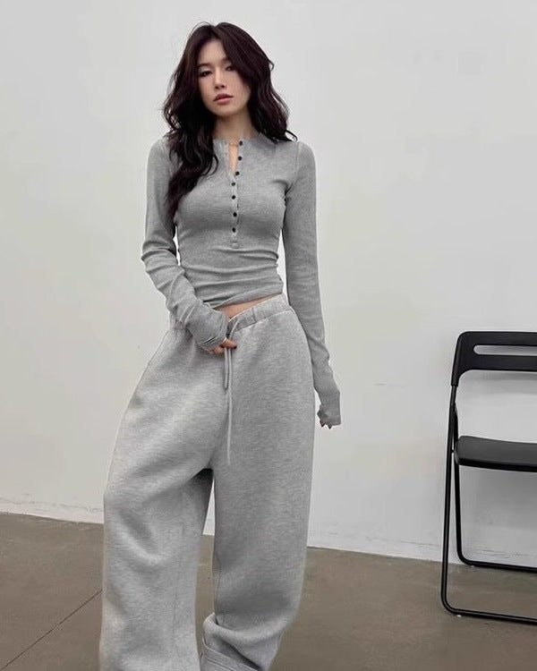 Ribbed Henley Long Sleeve Top