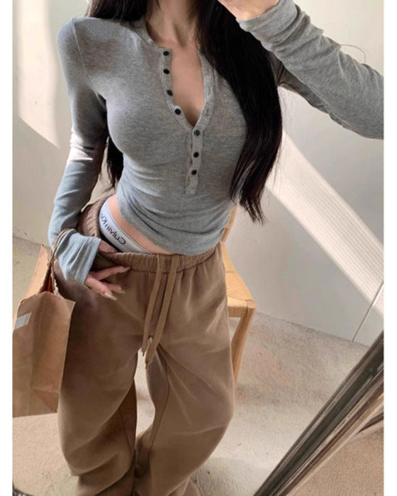 Ribbed Henley Long Sleeve Top