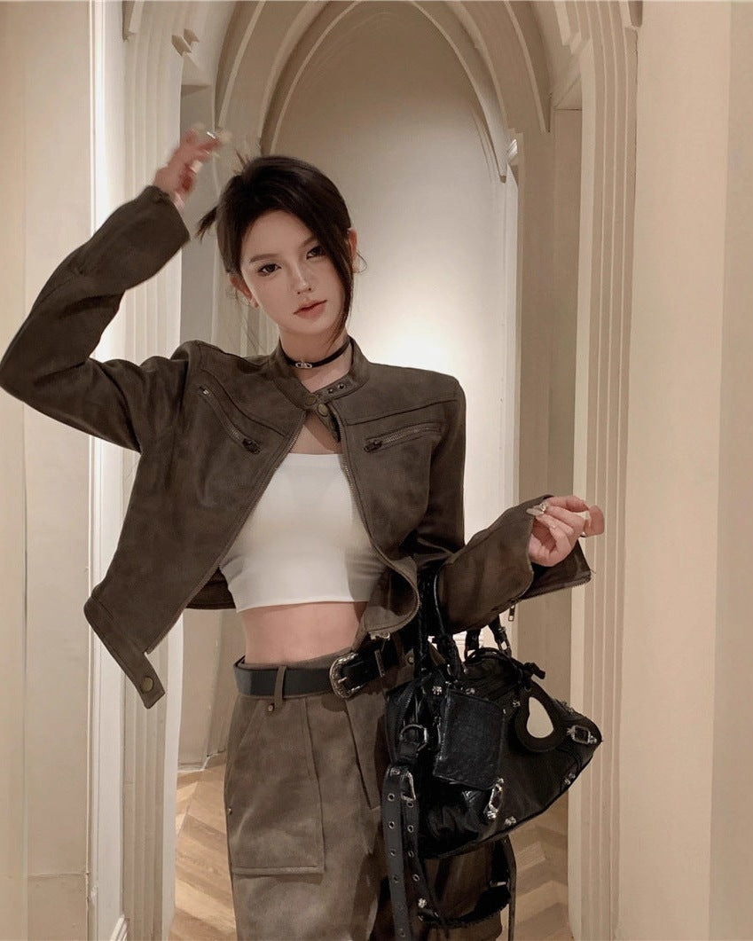 Suede Cropped Biker Jacket