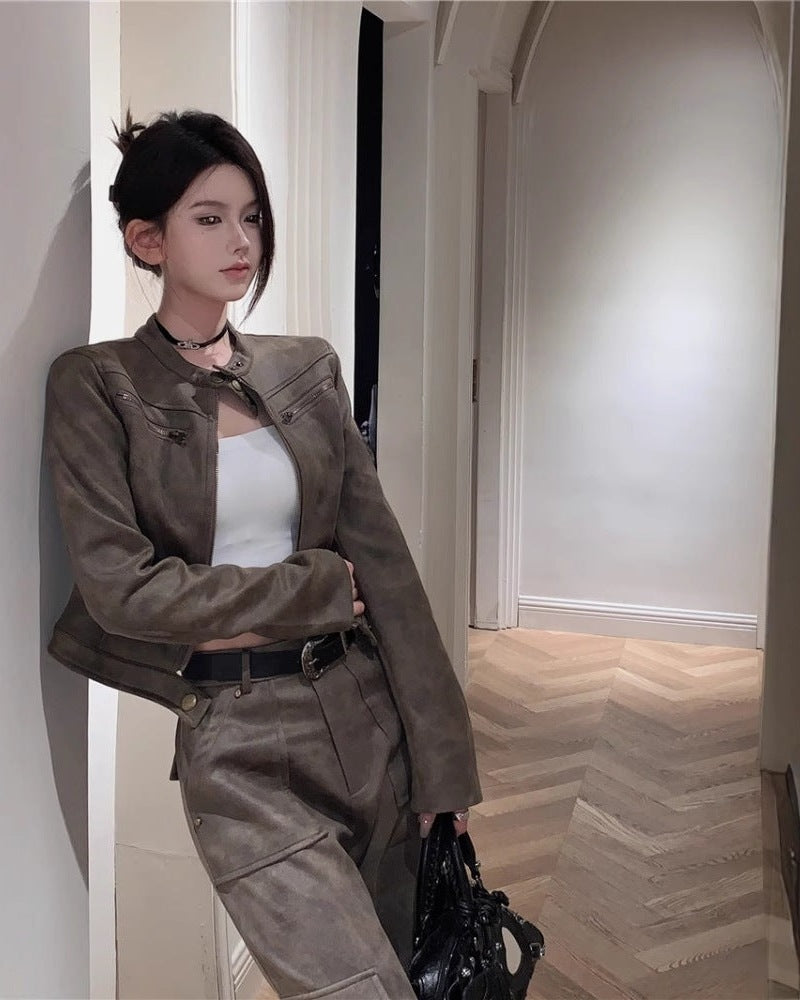 Suede Cropped Biker Jacket