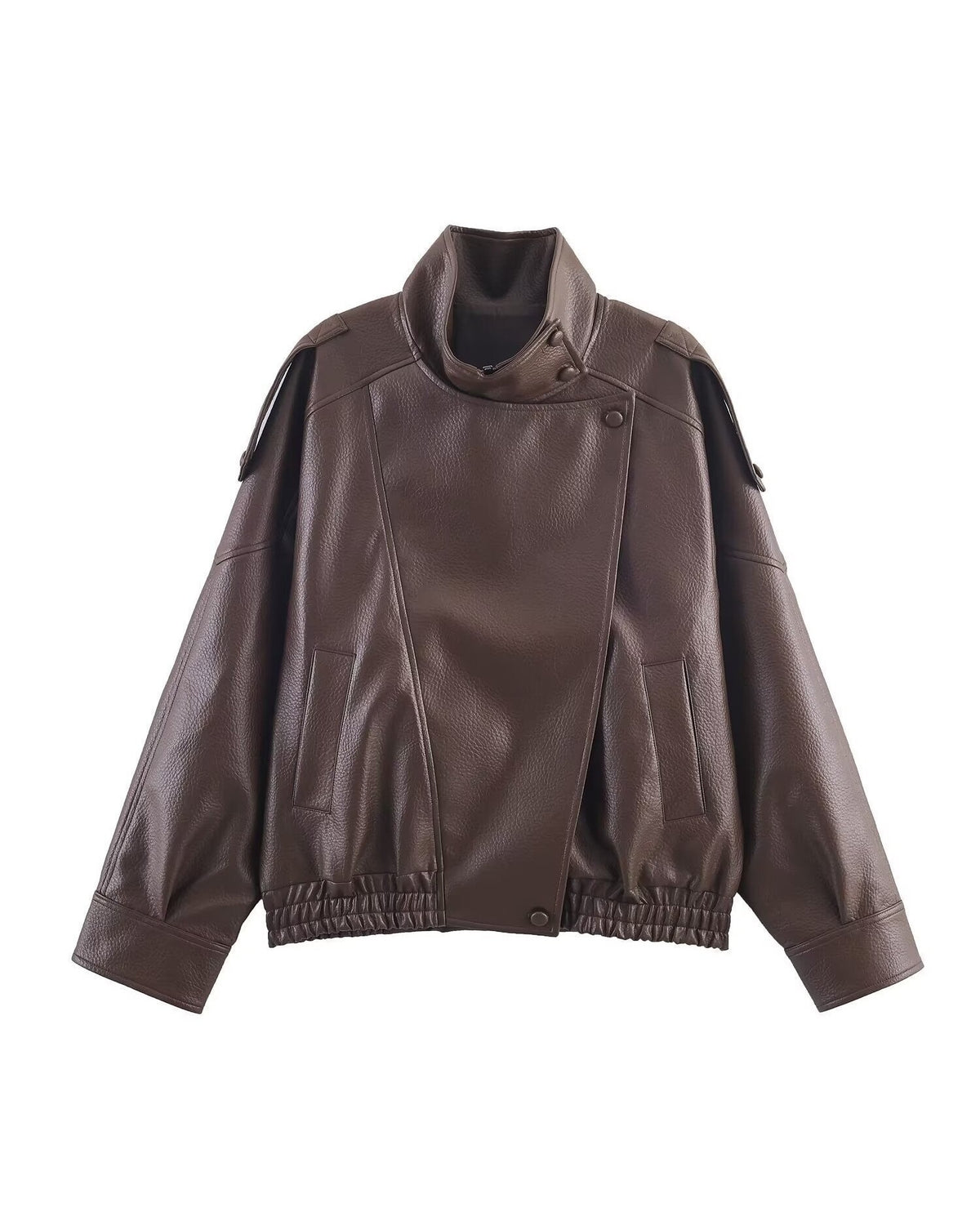 Oversized Funnel Neck Leather Jacket