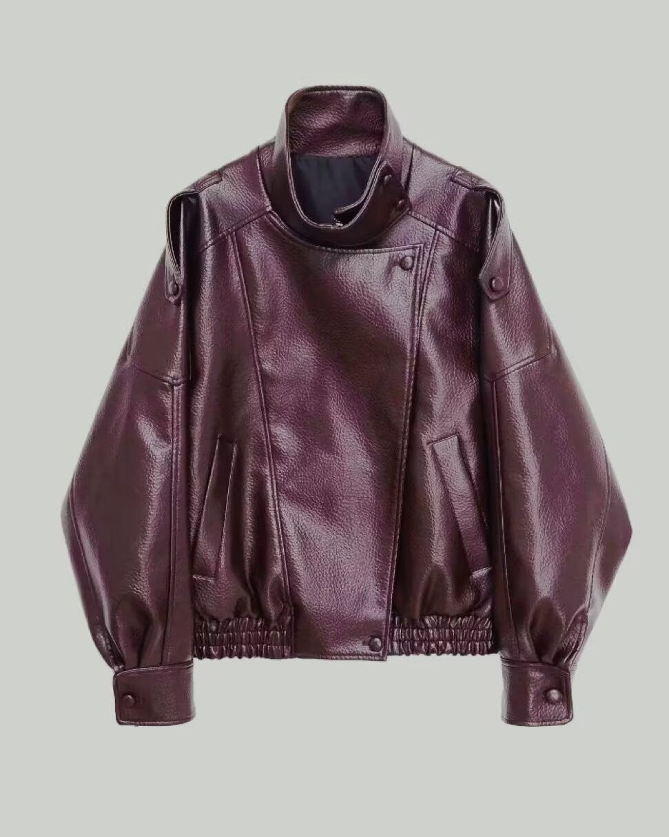 Oversized Funnel Neck Leather Jacket