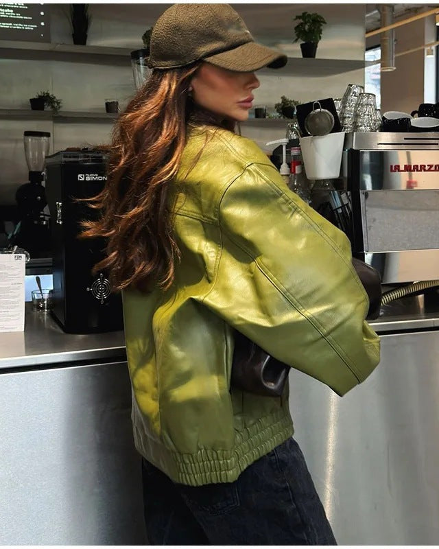 Olive Leather Bomber Jacket