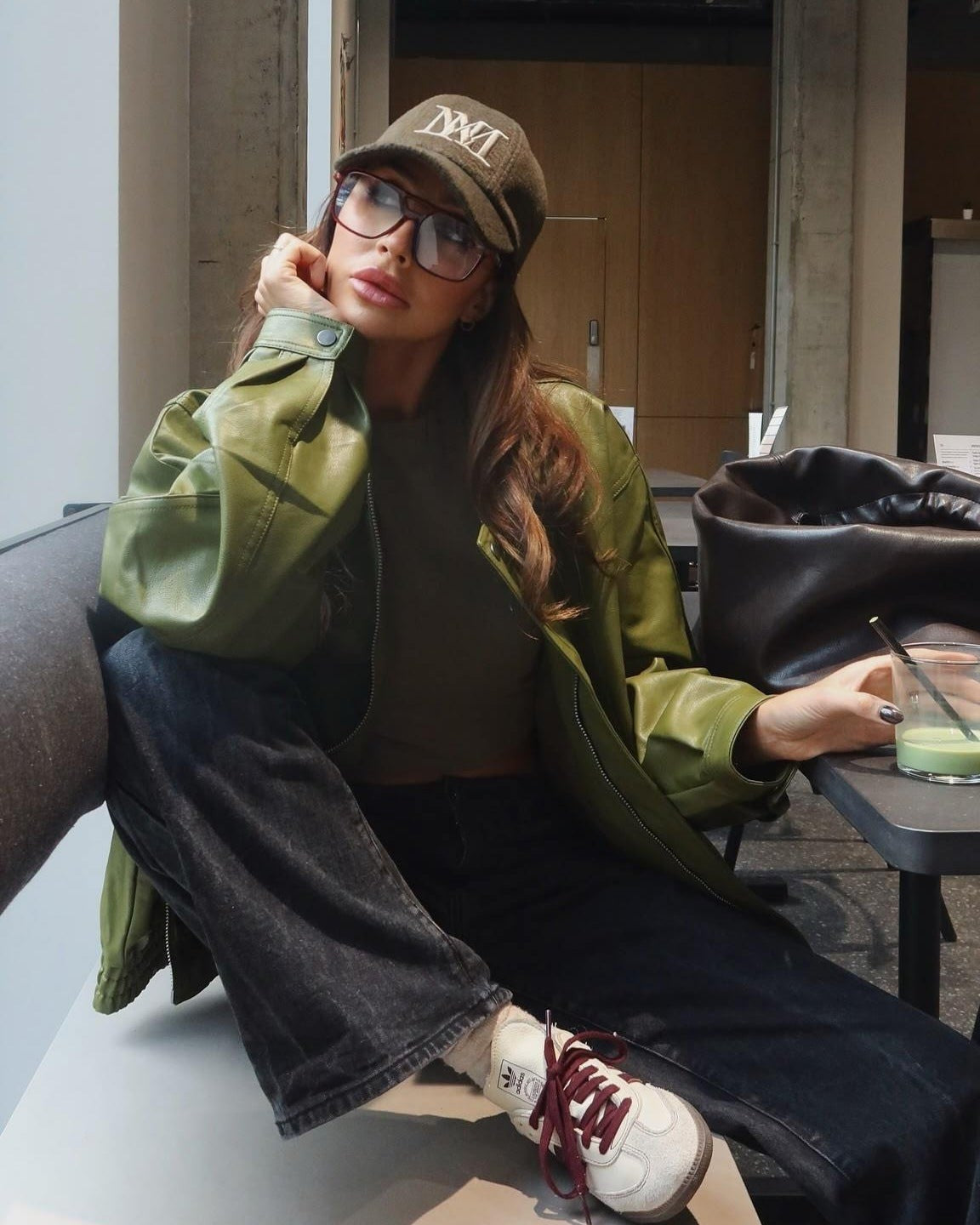 Olive Leather Bomber Jacket