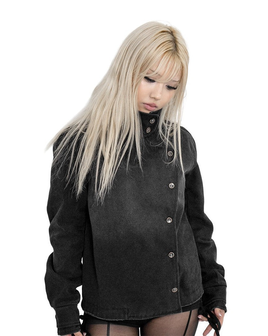 Washed Stand Collar Button Jacket
