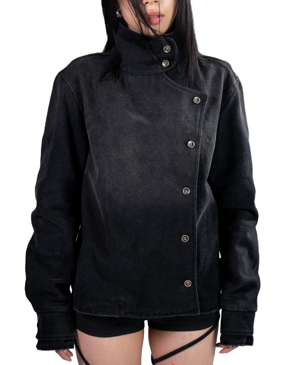 Washed Stand Collar Button Jacket