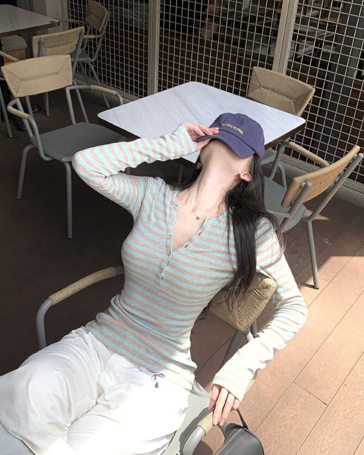 Striped henley longsleeve top