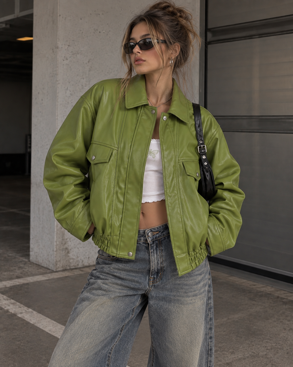 Olive Leather Bomber Jacket
