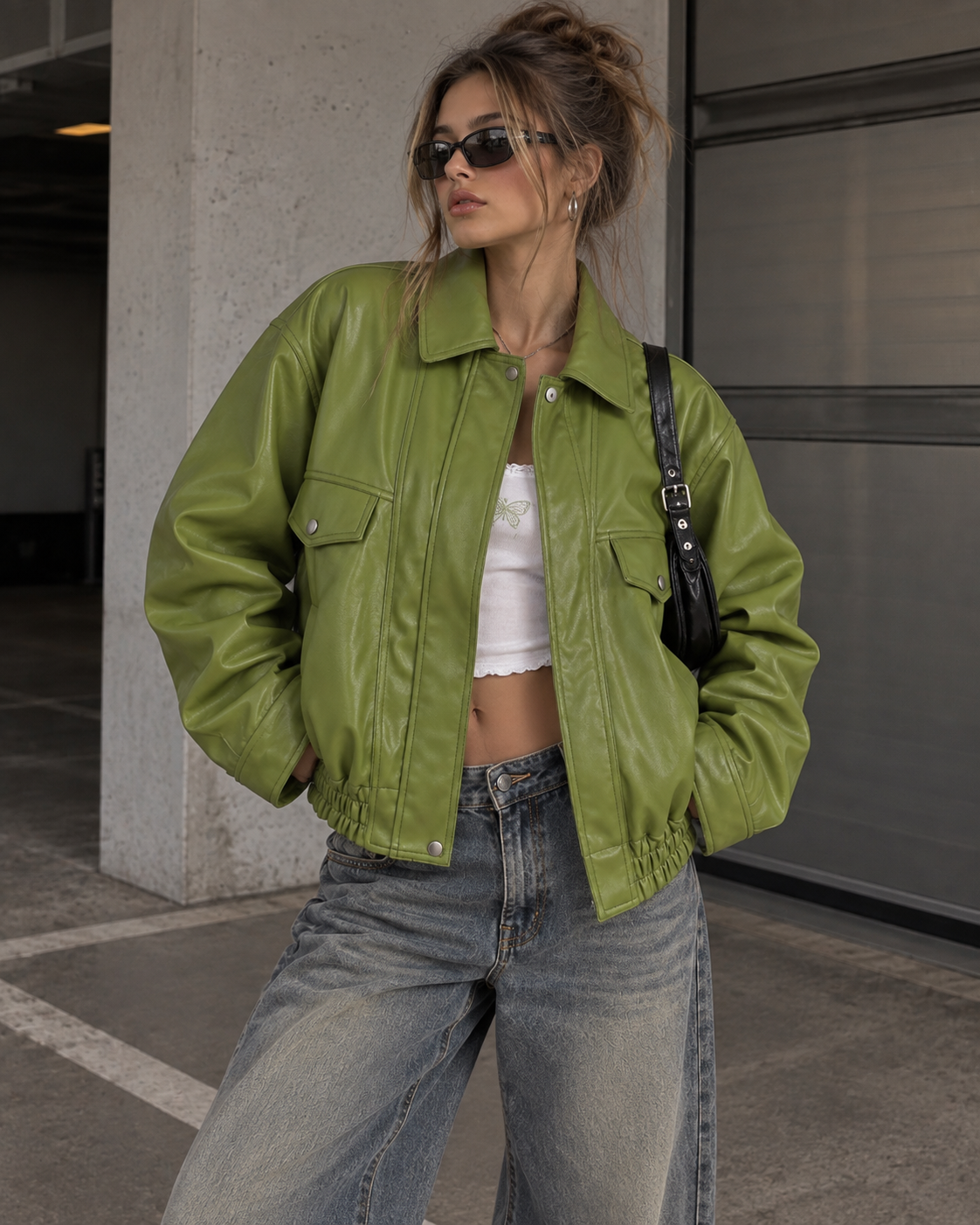 Olive Leather Bomber Jacket