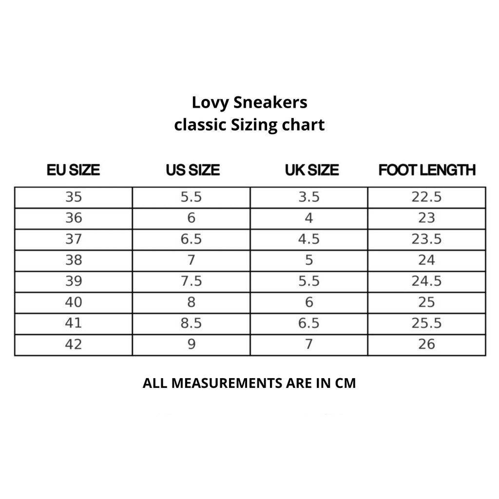 Lovy Sneakers classic sizing chart with EU, US, UK, and foot length measurements.