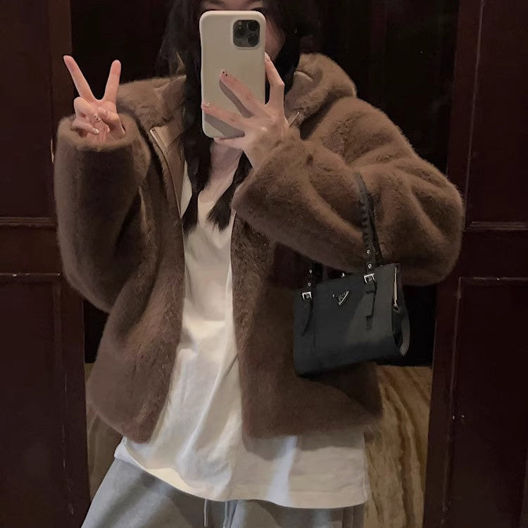 Mink Coat hooded brown