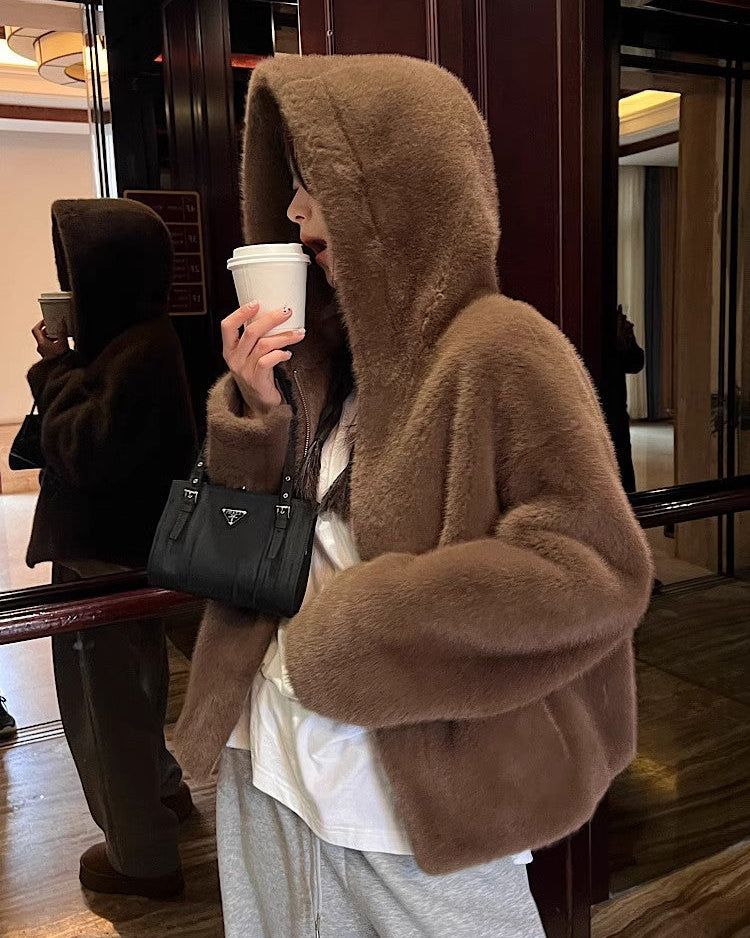 Mink Coat hooded brown