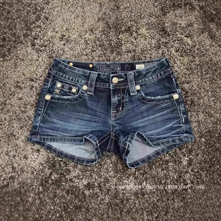 Tight Versatile Shorts Cross Border Foreign Trade American Retro Personality Street Pattern Embroidery Spring Summer Denim Shorts Women