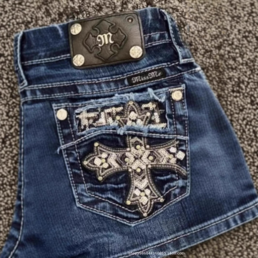 Tight Versatile Shorts Cross Border Foreign Trade American Retro Personality Street Pattern Embroidery Spring Summer Denim Shorts Women