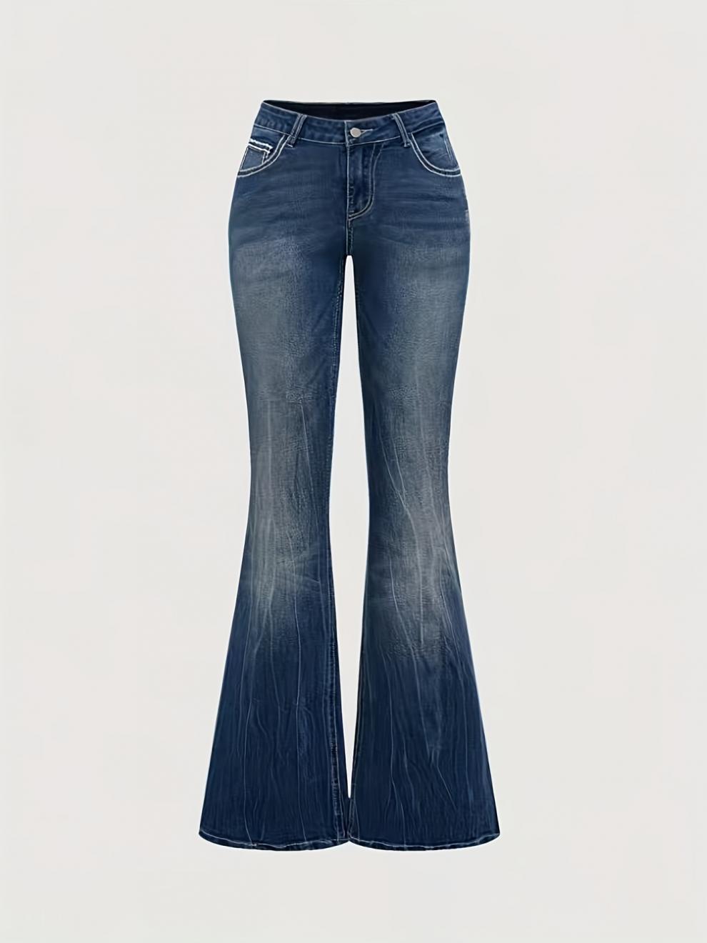 Stylish cowgirl back pocket embroidered design flared denim trousers, rhinestone embellishment, all seasons