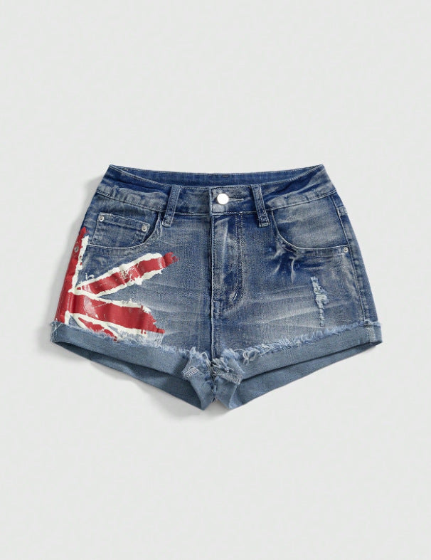 Flag Print Denim Shorts
