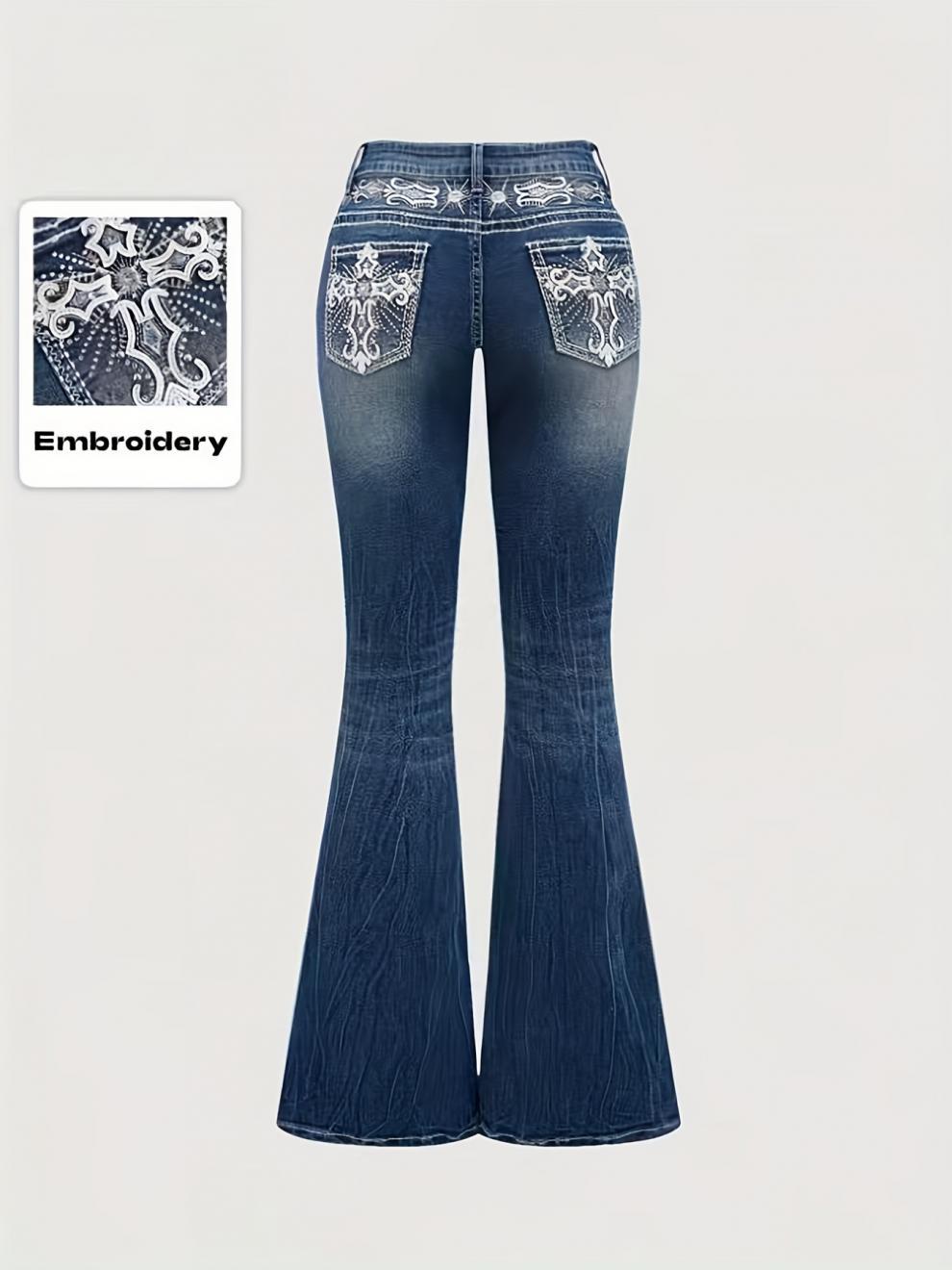 Stylish cowgirl back pocket embroidered design flared denim trousers, rhinestone embellishment, all seasons