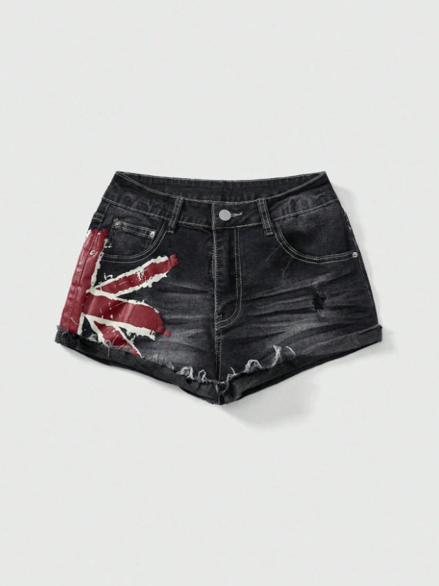 Flag Print Denim Shorts
