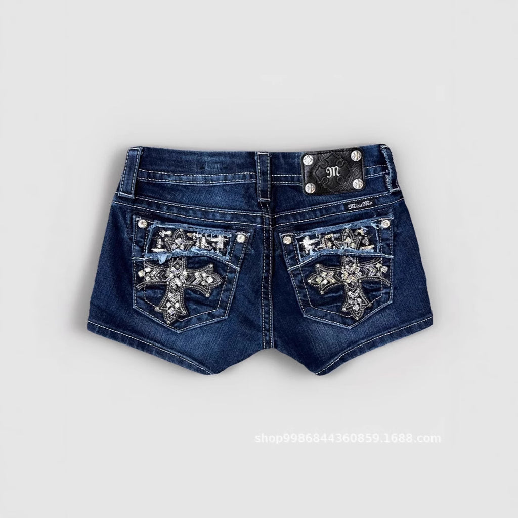 Tight Versatile Shorts Cross Border Foreign Trade American Retro Personality Street Pattern Embroidery Spring Summer Denim Shorts Women