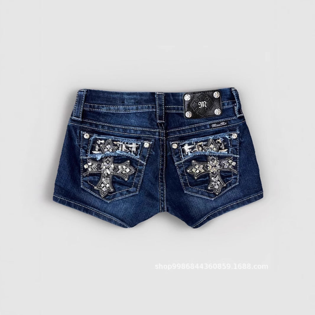 Tight Versatile Shorts Cross Border Foreign Trade American Retro Personality Street Pattern Embroidery Spring Summer Denim Shorts Women