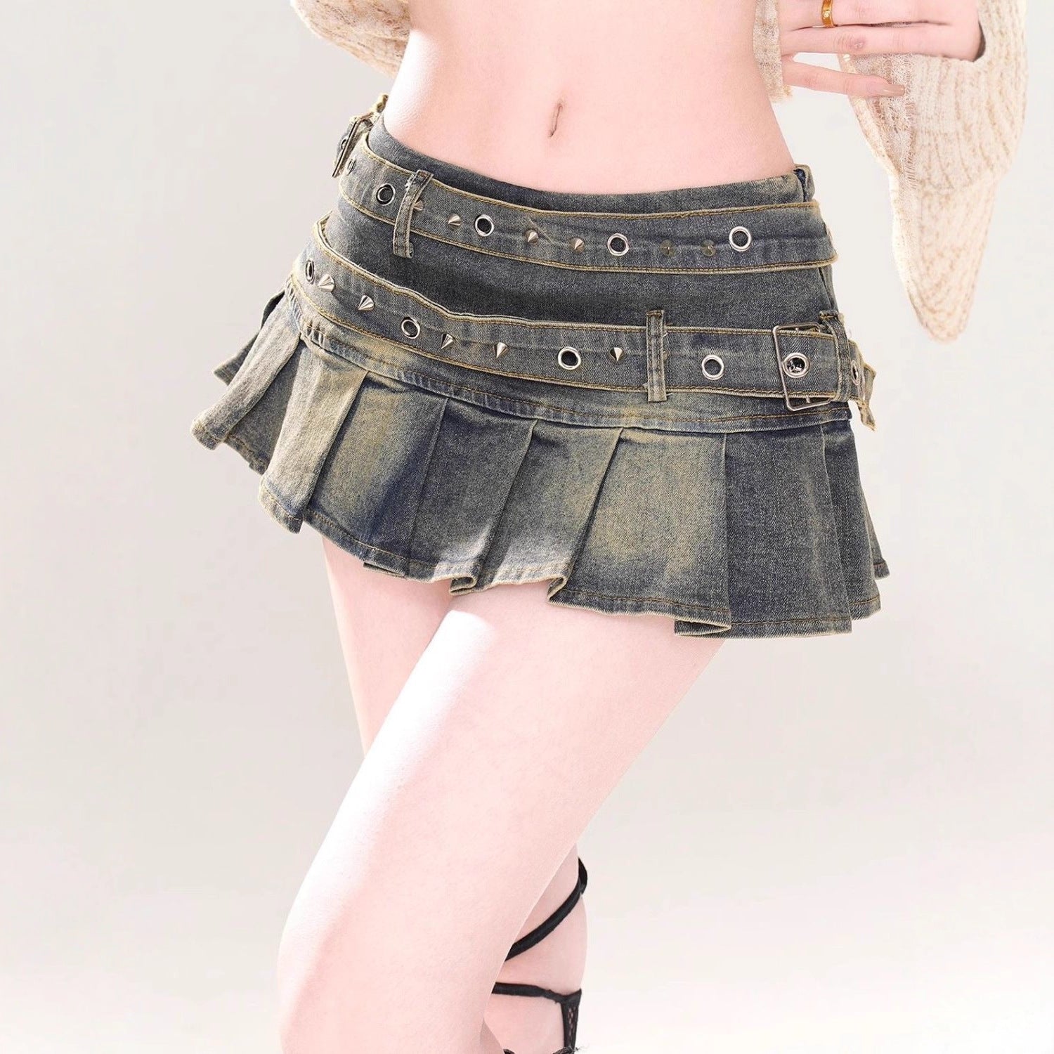 Studded Belt Denim Mini Skirt