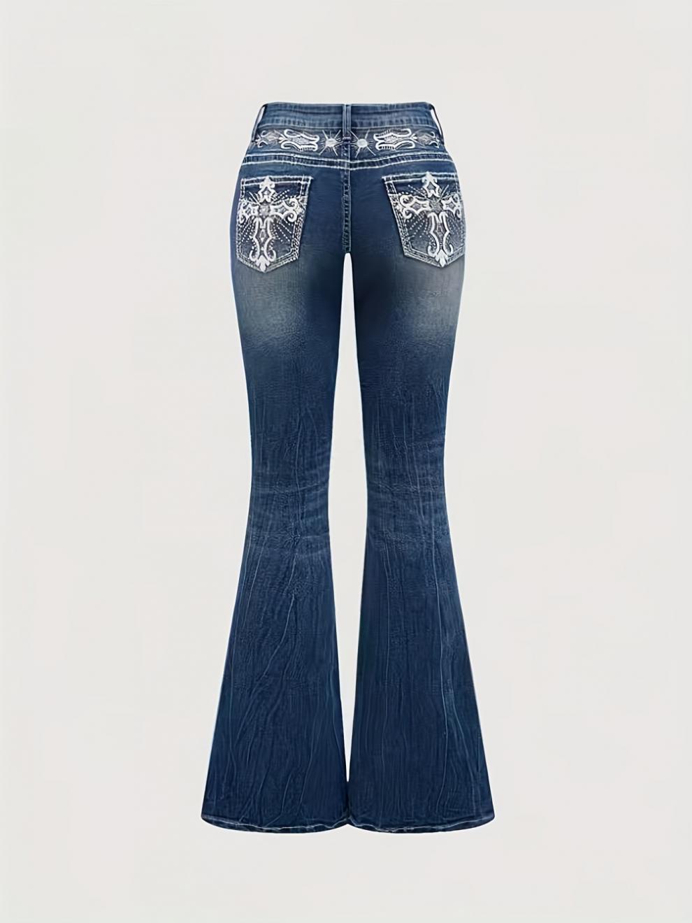 Stylish cowgirl back pocket embroidered design flared denim trousers, rhinestone embellishment, all seasons