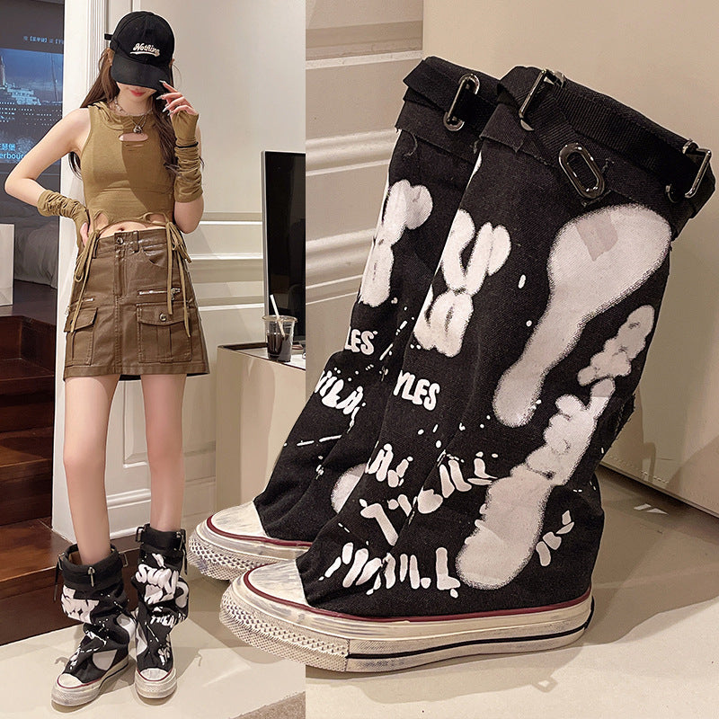 Graffiti Canvas Knee Boots