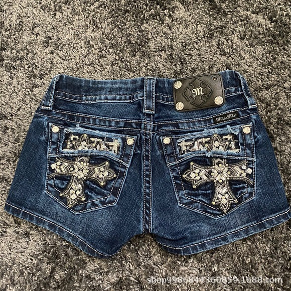 Tight Versatile Shorts Cross Border Foreign Trade American Retro Personality Street Pattern Embroidery Spring Summer Denim Shorts Women