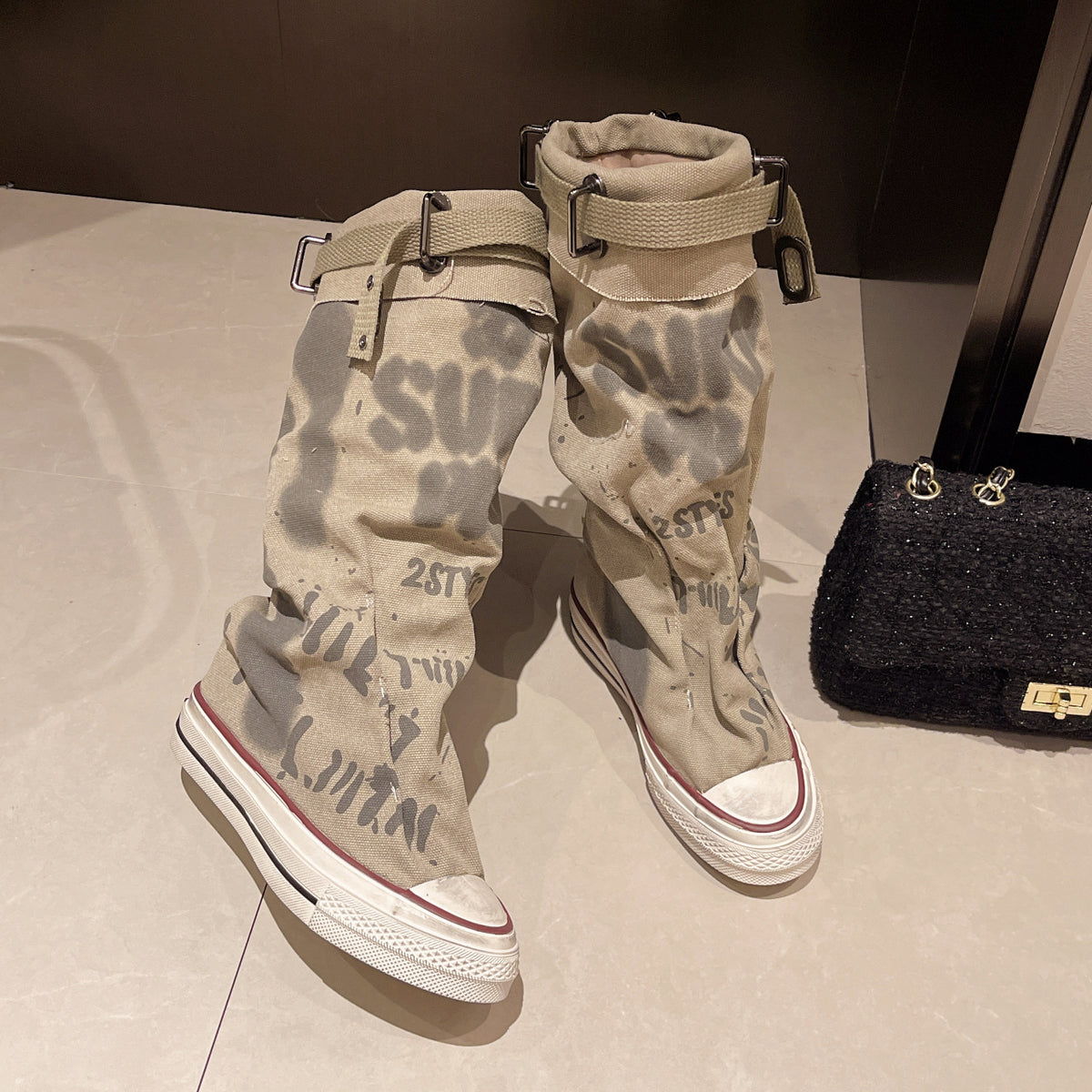 Graffiti Canvas Knee Boots