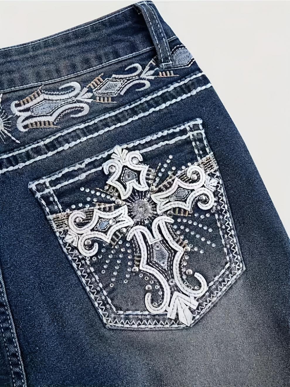 Stylish cowgirl back pocket embroidered design flared denim trousers, rhinestone embellishment, all seasons