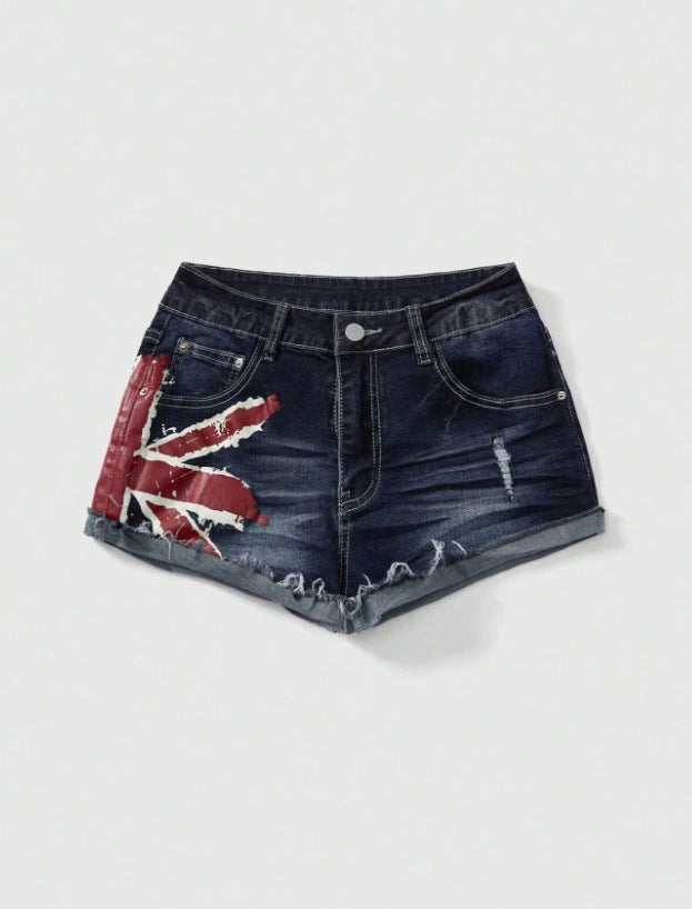 Flag Print Denim Shorts