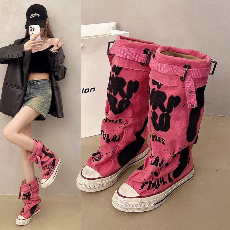 Graffiti Canvas Knee Boots