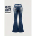 Stylish cowgirl back pocket embroidered design flared denim trousers, rhinestone embellishment, all seasons