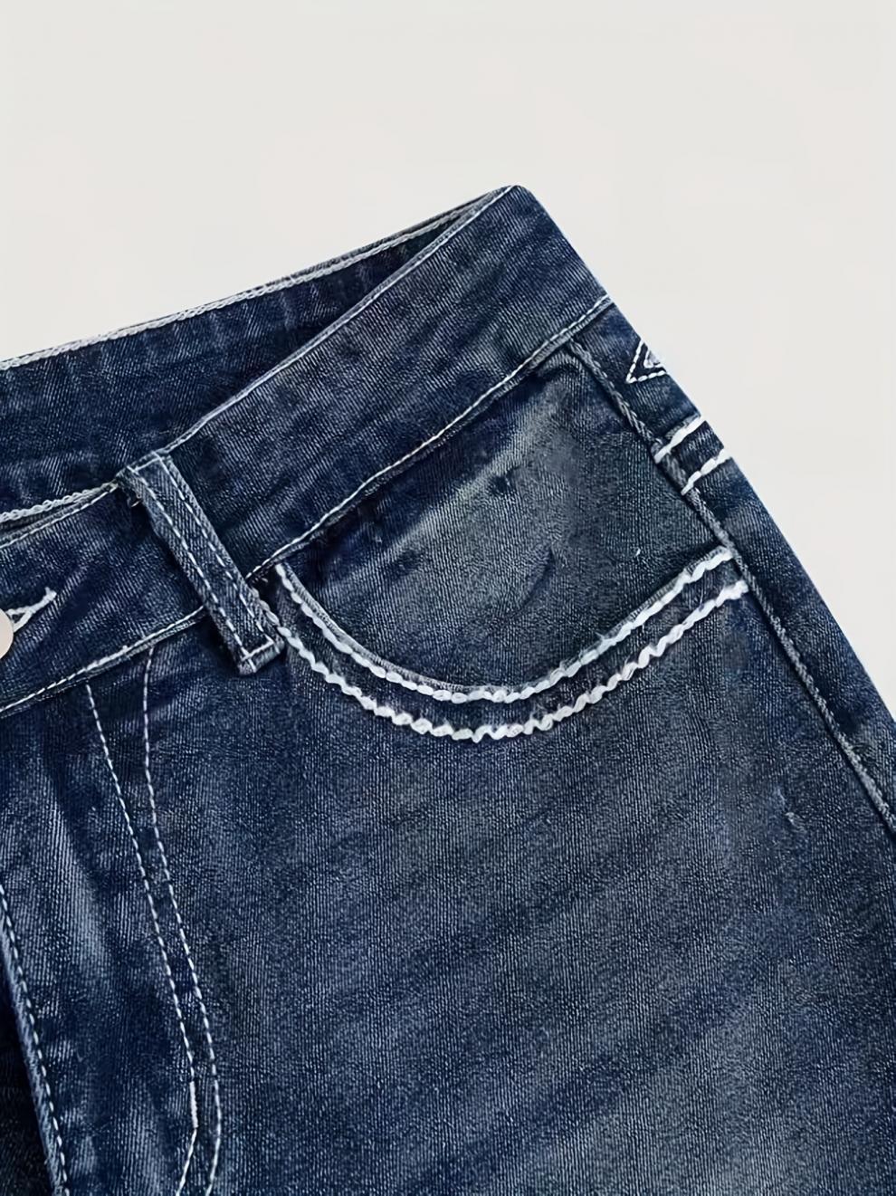 Stylish cowgirl back pocket embroidered design flared denim trousers, rhinestone embellishment, all seasons