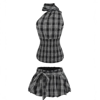 Plaid halter two-piece set
