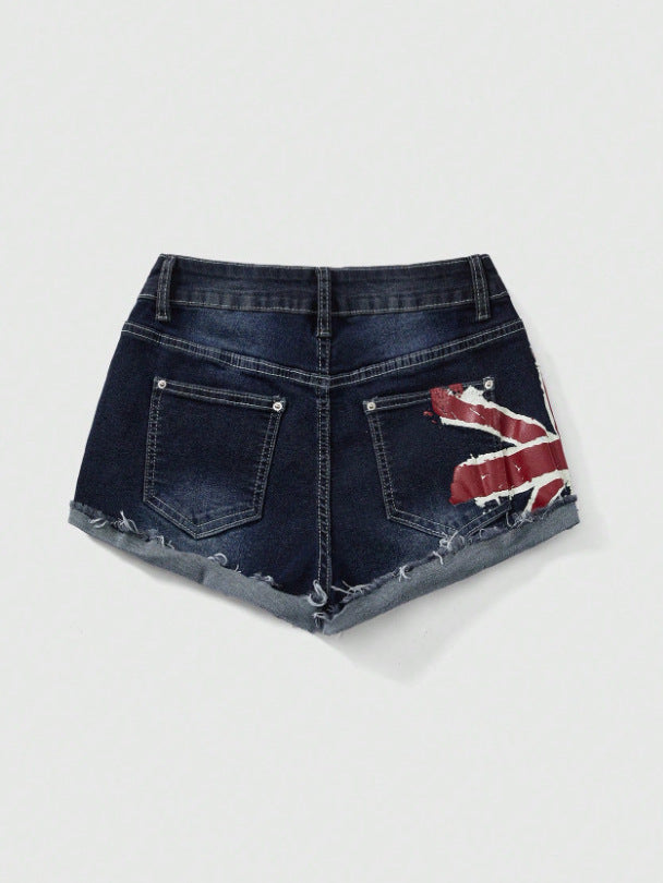 Flag Print Denim Shorts
