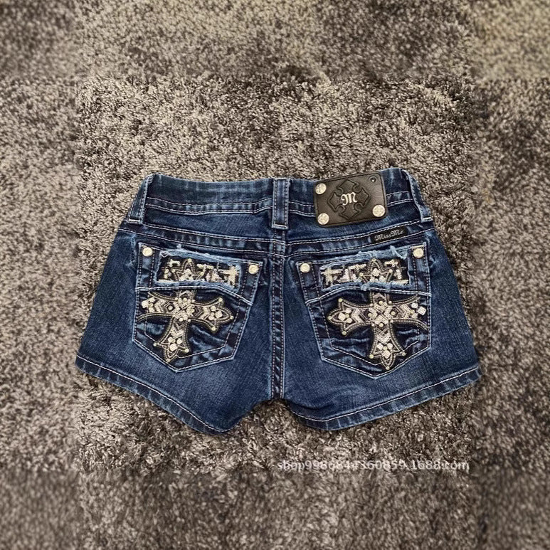 Tight Versatile Shorts Cross Border Foreign Trade American Retro Personality Street Pattern Embroidery Spring Summer Denim Shorts Women