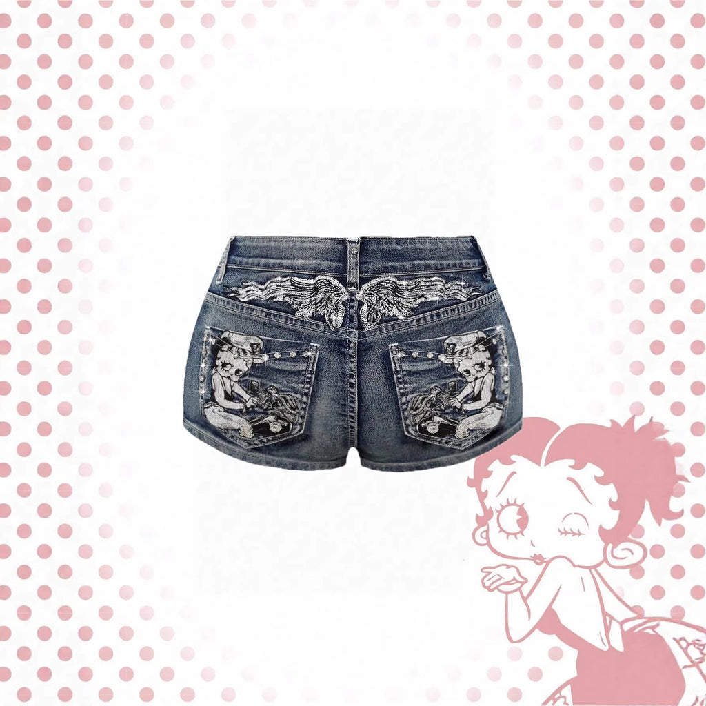 Betty Cartoon Embroidery Hot Diamond Denim Shorts Women Light Blue Spice Girl Jeans Source Factory Spot Wholesale