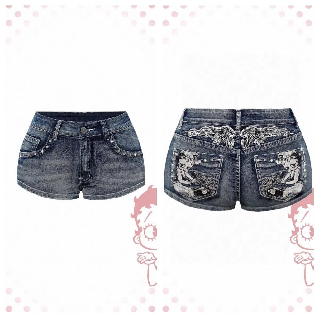 Betty Cartoon Embroidery Hot Diamond Denim Shorts Women Light Blue Spice Girl Jeans Source Factory Spot Wholesale