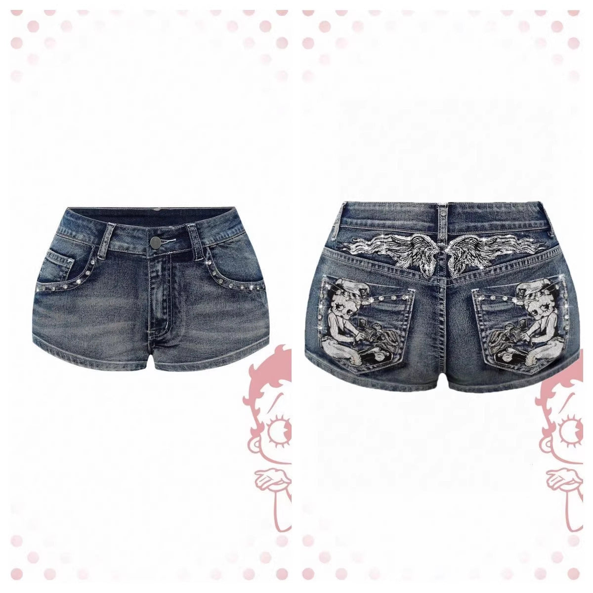 Betty Cartoon Embroidery Hot Diamond Denim Shorts Women Light Blue Spice Girl Jeans Source Factory Spot Wholesale