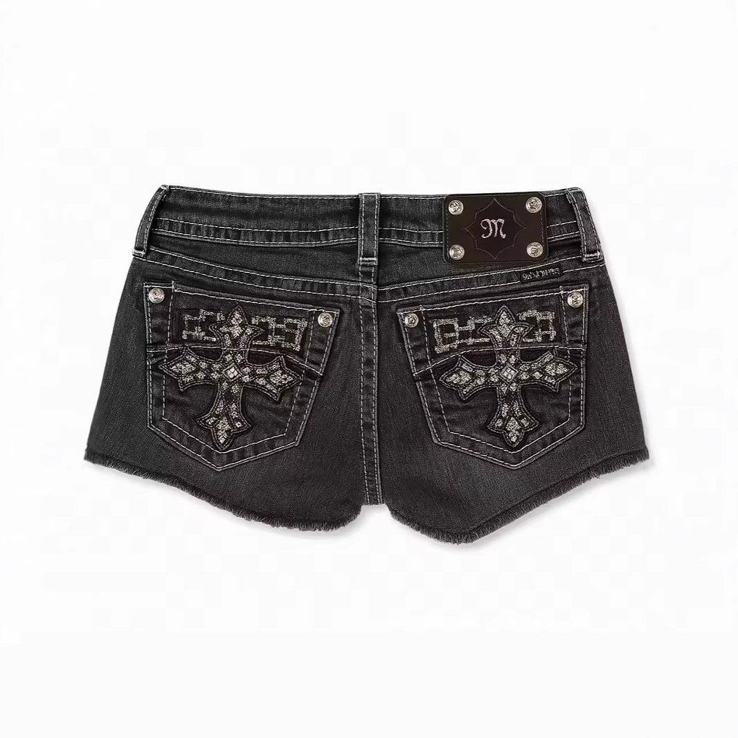 Tight Versatile Shorts Cross Border Foreign Trade American Retro Personality Street Pattern Embroidery Spring Summer Denim Shorts Women