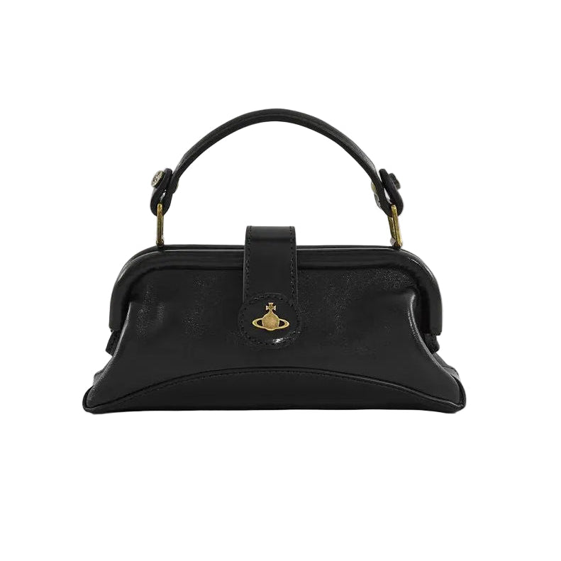 Black handbag with a visible brand logo on a white background