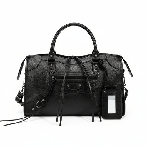 Gray handbag with drawstring details on a white background