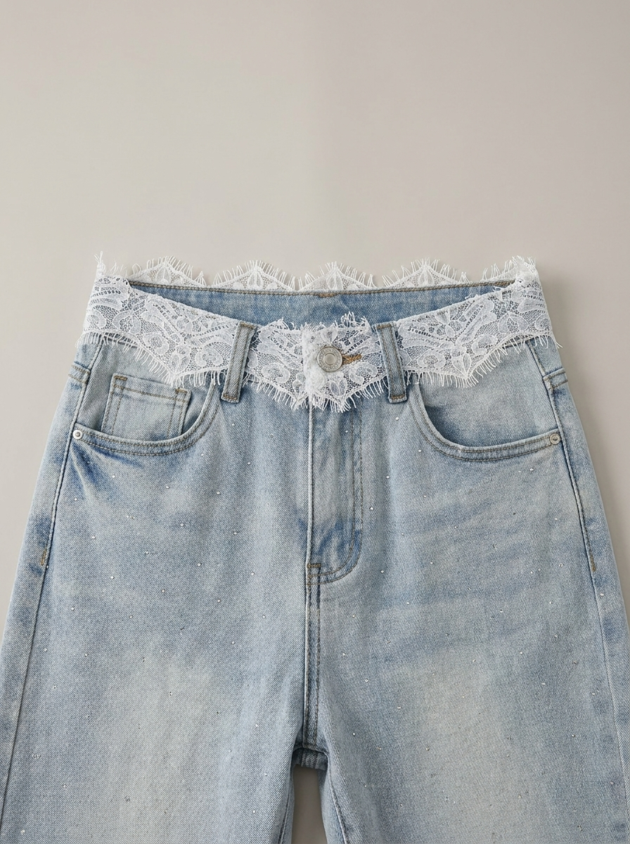 Lace Waist Flared Jeans - lace waist detail